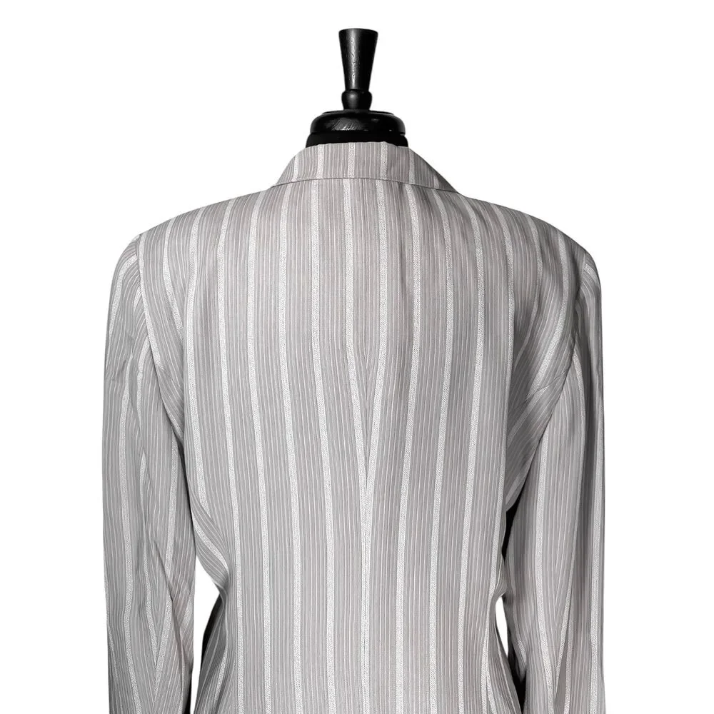 Vintage Christian Dior Womens 14 Gray Pinstripe Wrap Blazer Tie Waist Jacket USA